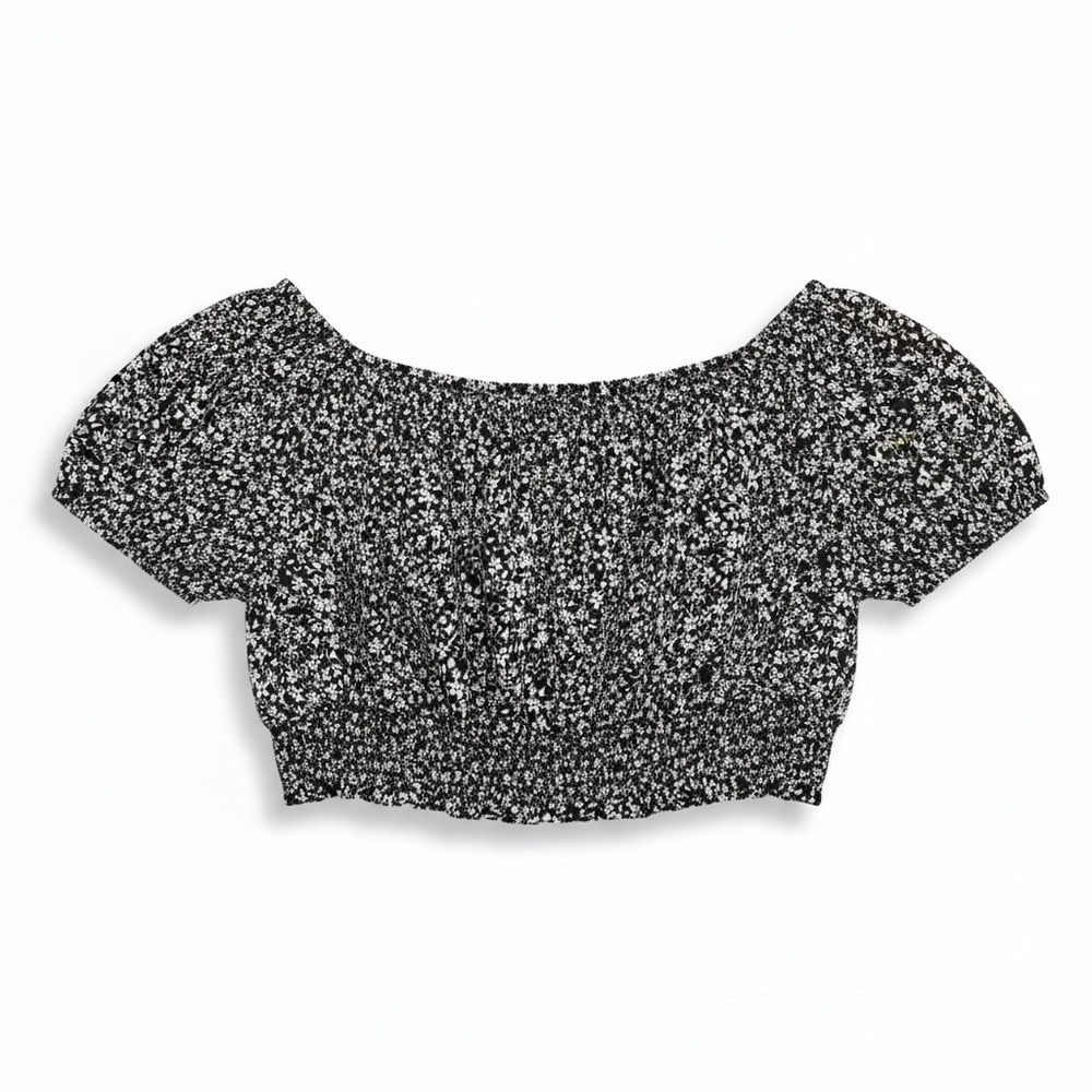 SHEIN Curve‎ Black White Floral Smocked Off Shoulder Crop Top Plus Size 3XL